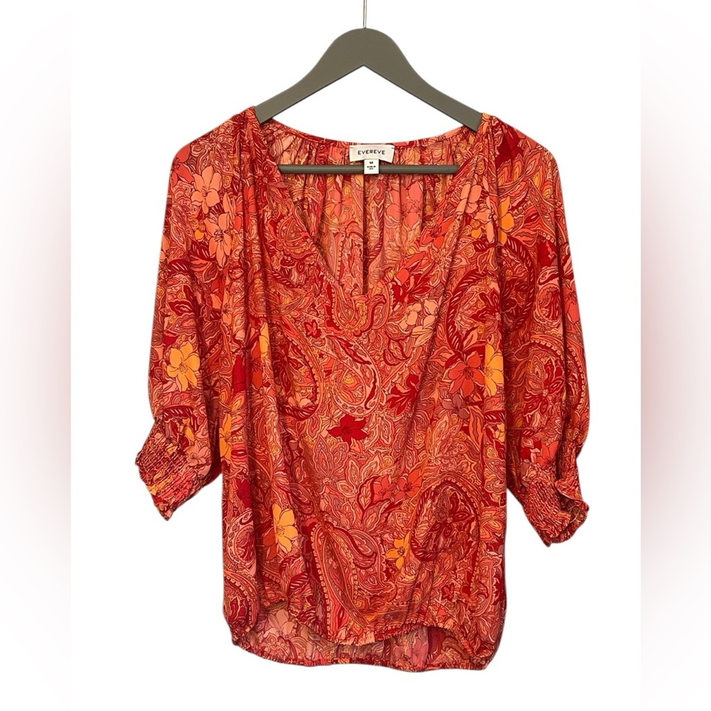 Evereve  V neck Smocked Sleeves Blouse Size M Boho Paisley